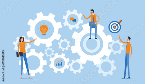 Business process concept and business team working. flat vector illustration design team meeting for project brainstorming. people working collaboration.