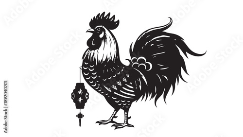 Elegant black and white rooster illustration with detailed feathers and vintage style.
