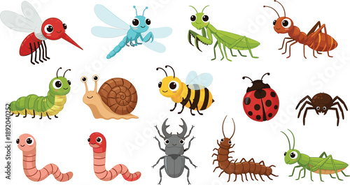 Cute Cartoon Insects and Bugs Vector Set with Beetle, Bee, Ant, Worm, Snail, Spider, and Grasshopper Characters for Kids Designs