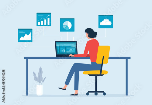 businesswoman working using a laptop with data dashboard information. flat vector illustration design data analytics concept. and business finance investment planning.
