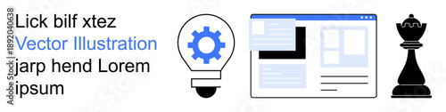 Technology, strategy, innovation, digital solutions, business development, teamwork. Gear in a lightbulb, website interface and chess piece. Innovation and strategy are the main focus