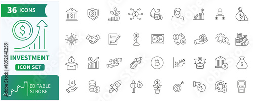 Investment icon set - Mega collection concept of finance, shares, insurance, analytics,funding and more. Simple vector illustration
