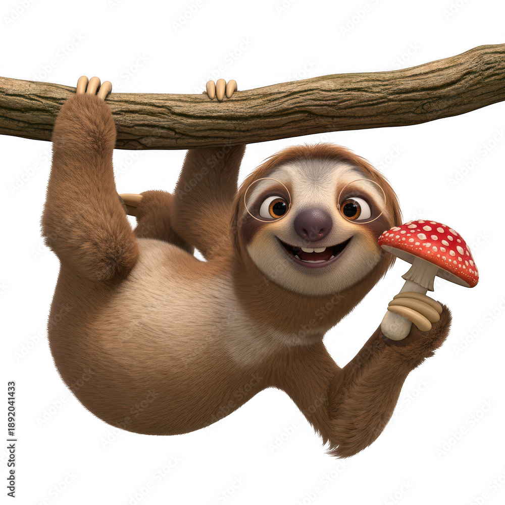 Obraz premium Playful sloth holding mushroom isolated on transparent background
