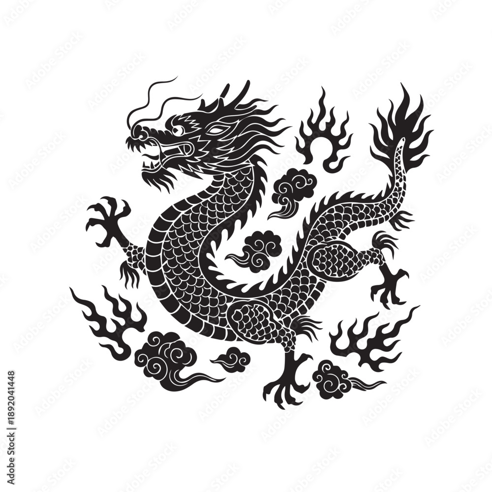 Fototapeta premium Intricate black and white dragon illustration featuring a Chinese mythical serpent motif with ornate scales and flames.