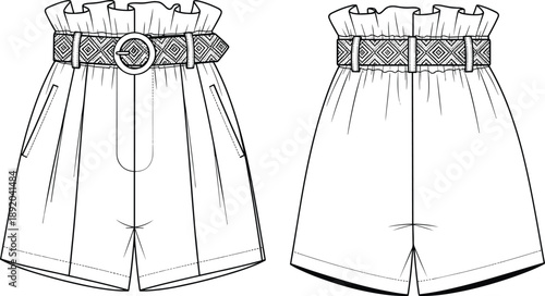 Technical CAD Drawing of High Waisted Paperbag Shorts Flat Vector Illustration with Patterned Belt and Front and Back View for Fashion DesignTechnical CAD Drawing 