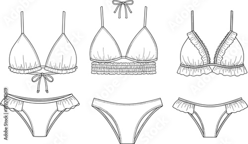 Technical CAD Drawing of Women Bikini Swimwear Set Flat Vector Illustration with Ruffle Details and Triangle Tops for Fashion Design
