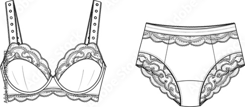 Technical flat sketch of a lace bra and high waist panty set, cad drawing flat vector illustration for intimate apparel.