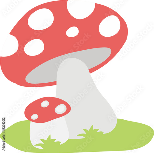 Flat Design Cartoon Mushroom with Spot Pattern on Grass Illustration
