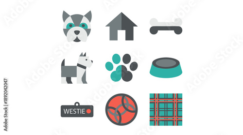 West Highland White Terrier geometric vector icon set featuring dog house bone food bowl paw print and tartan pattern in modern flat style for pet branding