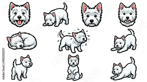Cute Westie dog cartoon vector character collection showing various poses and emotions like sleeping playing and begging for stickers or mascot design