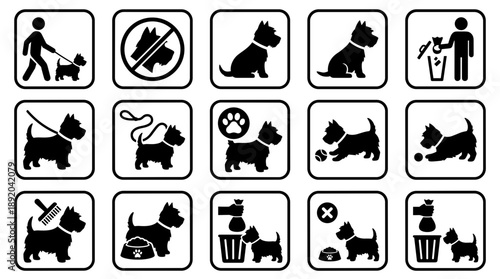 West Highland White Terrier dog public park signs and rules vector pictogram set including leash requirement prohibition cleaning poop and grooming icons