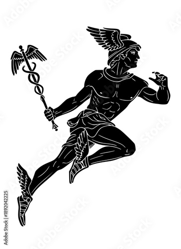 Stylized black silhouette of Hermes, the Greek messenger god, in a dynamic running pose. Features his iconic winged helmet, winged sandals, and the caduceus staff.