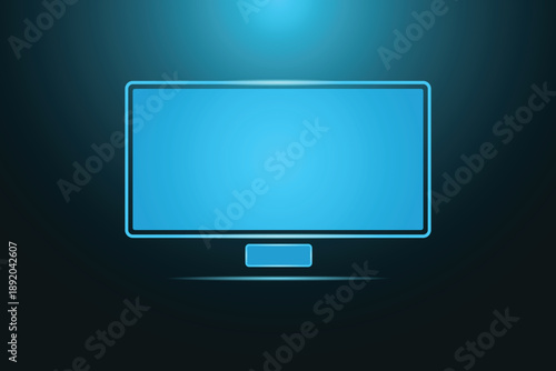 A glowing blue computer monitor on a dark background with a light source