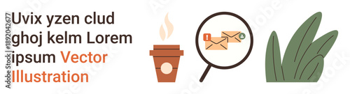 Business communication, relaxation, nature, digital messages, work-life balance, analysis. Coffee cup with steam, magnifying glass over emails green plant shapes. Business communication