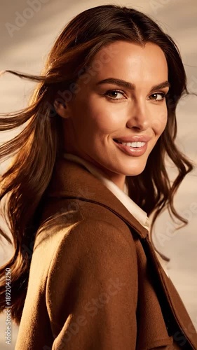 Wallpaper Mural Attractive woman with flowing brown hair and natural makeup smiles brightly, wearing a cozy brown coat Torontodigital.ca