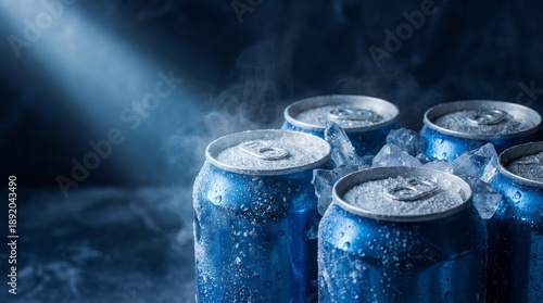 Chilled Blue Soda Cans with Condensation and Ice in a Dark, Smoky Environment.