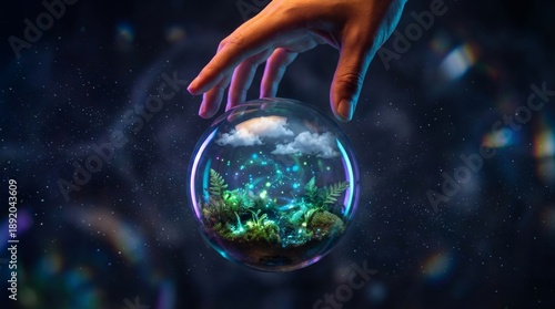 Hand holding a glass sphere with a miniature ecosystem inside, glowing with vibrant blue and green light.