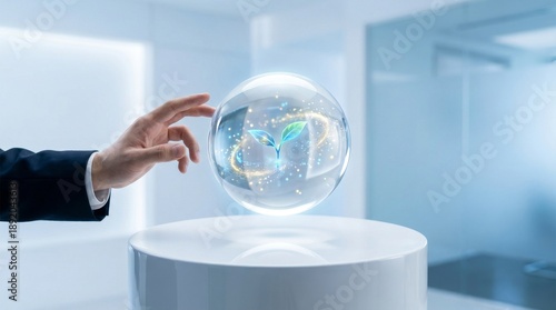 Hand Interacting with Futuristic Holographic Globe Displaying Digital Information.