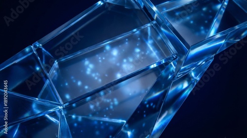 Abstract Blue Glass Structure with Glowing Particles.