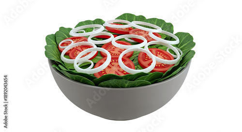 Bowl of Fresh Salad with Tomatoes, Onions, and Greens
