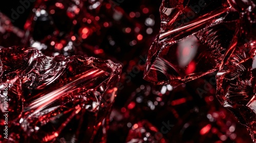 Abstract Red Metallic Shards and Glittering Particles on a Dark Background.