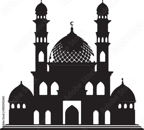 Vector illustration of the Taj Mahal silhouette, a famous marble mausoleum and heritage landmark in Agra, India, featuring its iconic dome and minarets against the sky