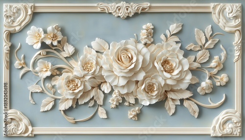 Three dimensional floral plaster ornamentation decorates a light blue panel framed by classical molding
