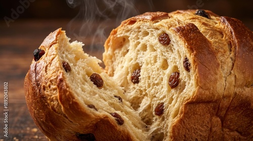 Freshly baked panettone with raisins, steaming and ready to be enjoyed.