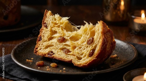 Delicious slice of traditional Italian Panettone bread with raisins and candied fruit, perfect for Christmas and holiday celebrations.