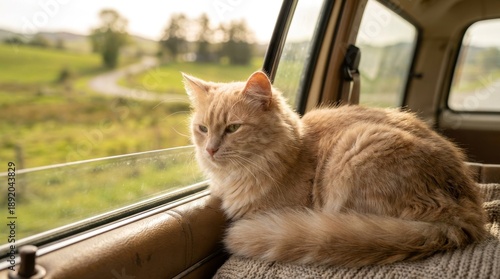 Ginger cat relaxing in a car, looking out at a green rural landscape.
