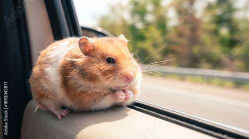 Cute Hamster Enjoying a Car Ride with a View of the Road.