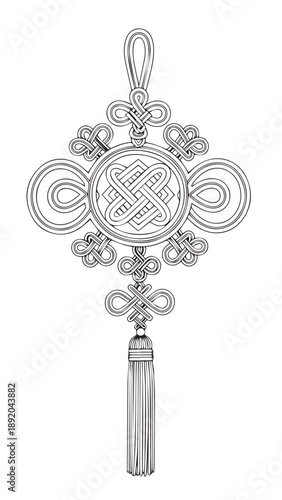 Intricate silver decorative knot pendant with tassel and floral motifs for traditional craftsmanship.
