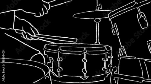rotoscope animation of drummer playing beat on drum kit, right hand on hihat. white scribble sketch doodle chalk line style on black background. landscape 16:9. looped. side view