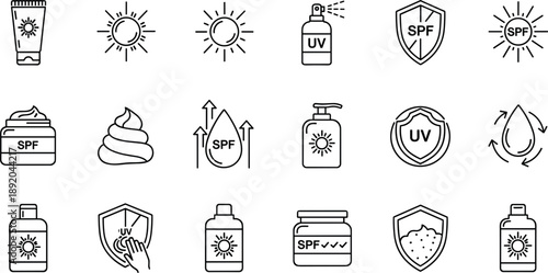 Sunscreen and UV protection line icon set featuring SPF cream bottles, sun block spray, skin care lotion, solar safety symbols, and dermatology.