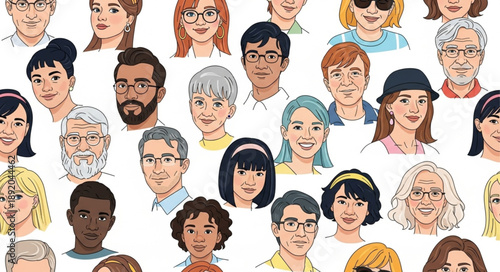 Diverse Group of People Faces Illustration.