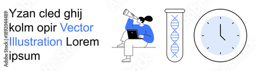 Scientific research, biotechnology, time management, discovery, genetic analysis, innovation. Person studying with telescope, DNA strand and clock. Scientific research and biotechnology