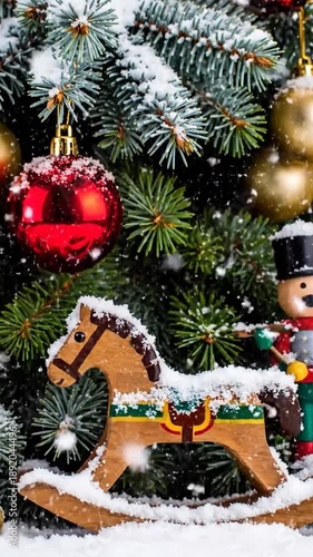 Wallpaper Mural Close-up of snowy Christmas tree with ornaments, wooden rocking horse and nutcracker Torontodigital.ca