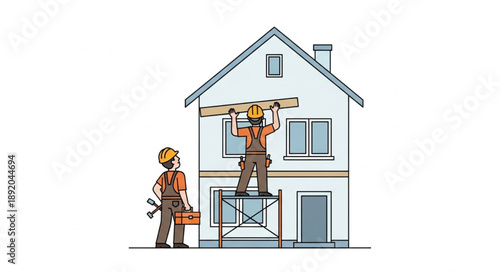 Construction workers building a house with scaffolding and tools.