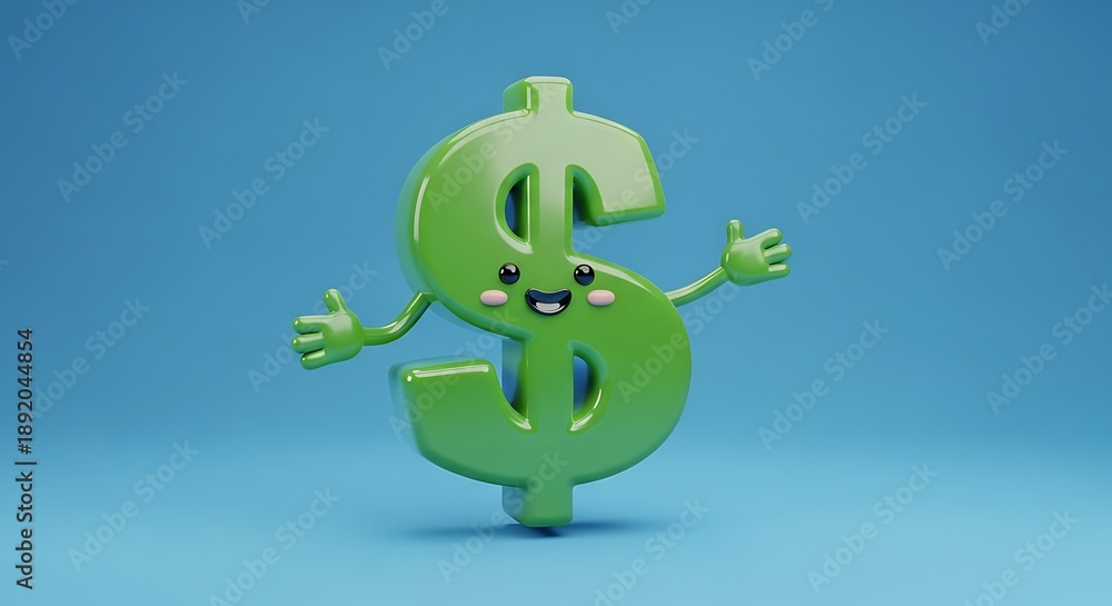 Obraz premium Vibrant 3D illustration of a joyful green dollar sign character with an inviting gesture, embodying the concept of financial prosperity, savings, and accessible wealth