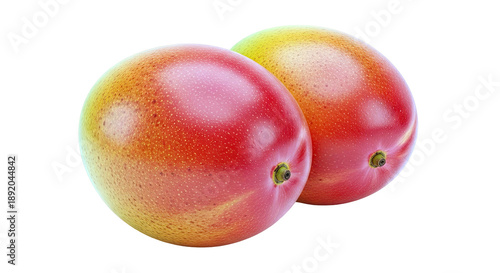 Two Ripe Mangoes with Red, Yellow, and Orange Hues