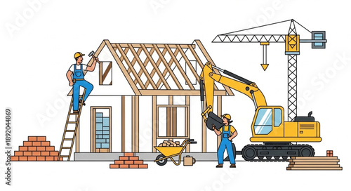 Construction workers building a house with excavator and crane.