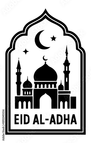 Eid Al-Adha Greeting with Detailed Mosque Silhouette Two Minarets Crescent Moon and Stars inside Islamic Arch