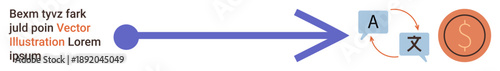 Communication, translation, financial services, global transactions, currency conversion, multilingual services. Arrow connects text, translation symbols and currency icon. Communication