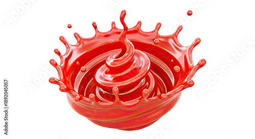 Red liquid splash with spiral and droplets
