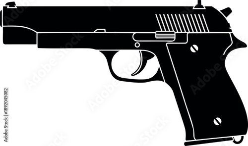 Modern black handgun pistol vector silhouette illustration isolated on white background for security law enforcement defense crime and firearm safety concept design.