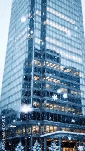 Wallpaper Mural Modern glass skyscraper in snowfall, with interior lights glowing warmly through windows Torontodigital.ca