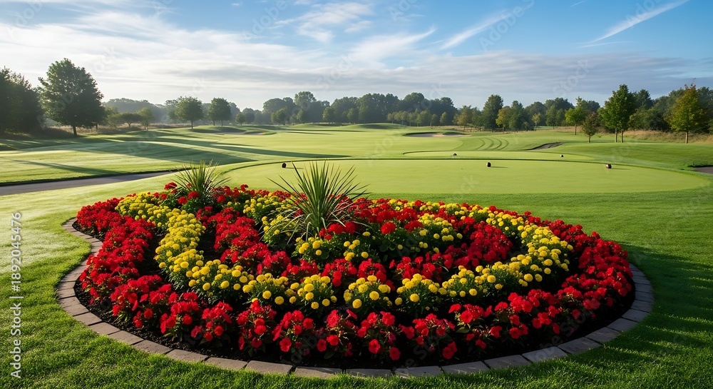 Fototapeta premium Beautiful Golf Course Landscape with Vibrant Flower Bed in Foreground.