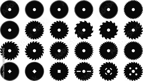 Circular saw blade silhouettes set, industrial cutting tool icons collection, woodworking and metal blades, black and white mechanical symbols for design use