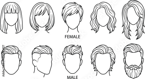 Collection of female and male hairstyle outlines, modern haircut icons, salon styling set, vector line art, beauty profile templates, hair design variations