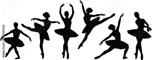 Ballet dancers silhouettes set, classical dance poses collection, graceful female ballerina movements, black and white artistic figures for design use
